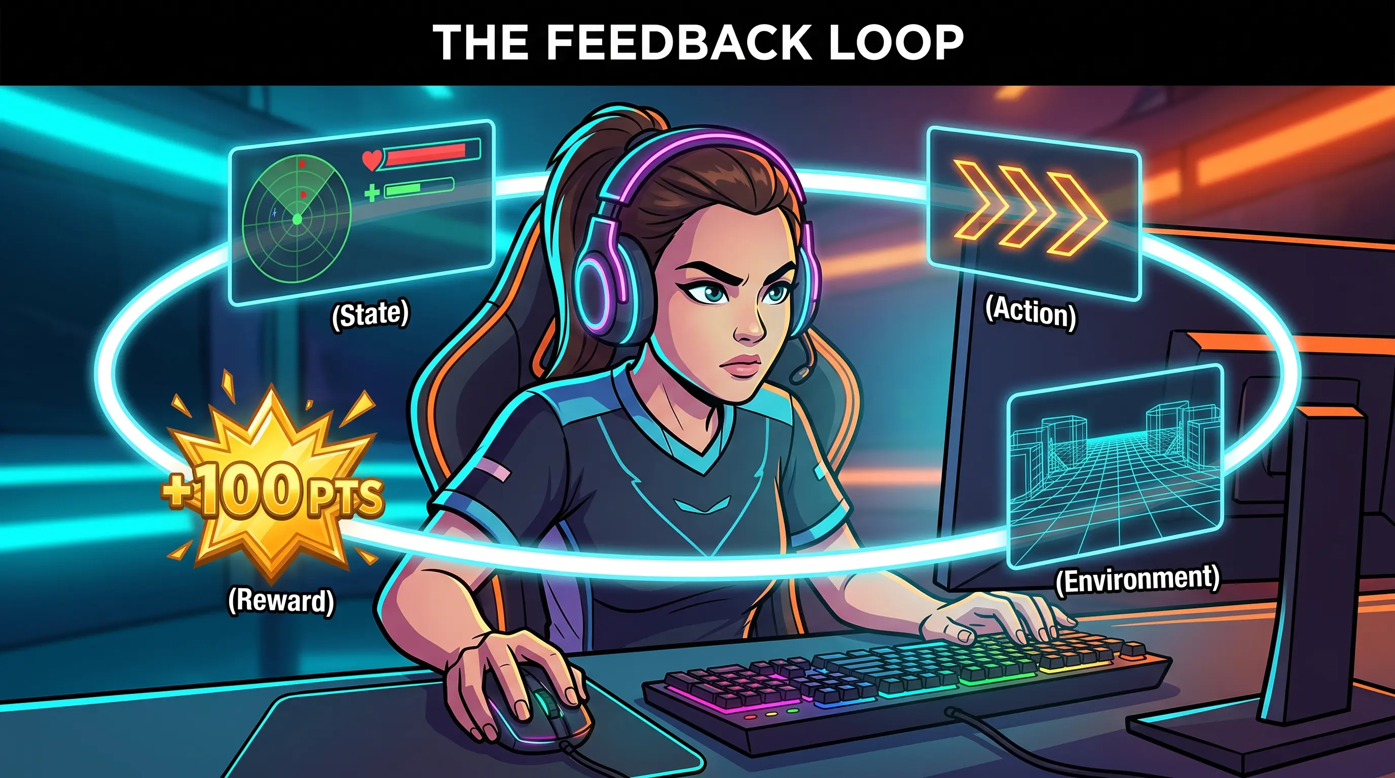 The Core RL Loop: The Four-Step Dance of the Pro Gamer - How reinforcement learning models master complex tasks through the continuous loop of State, Action, Environment, and Reward.