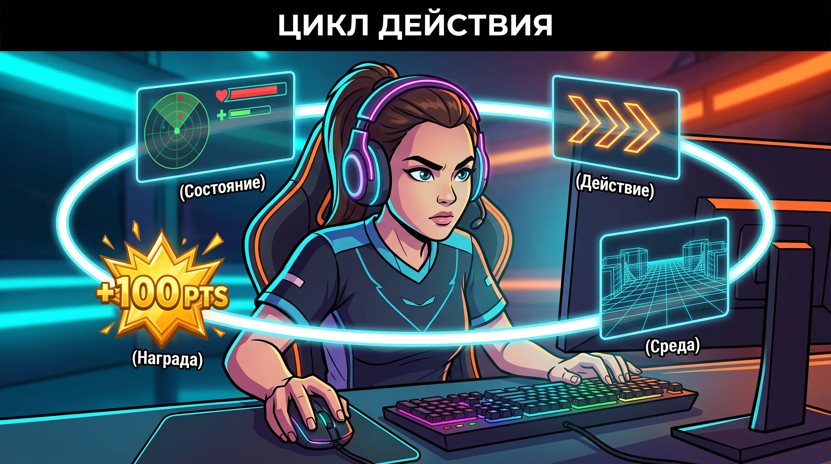 Базовый цикл RL: Четыре шага в зоне клатча - Как модели обучения с подкреплением осваивают сложные задачи через непрерывный цикл Состояния, Действия, Среды и Награды.
