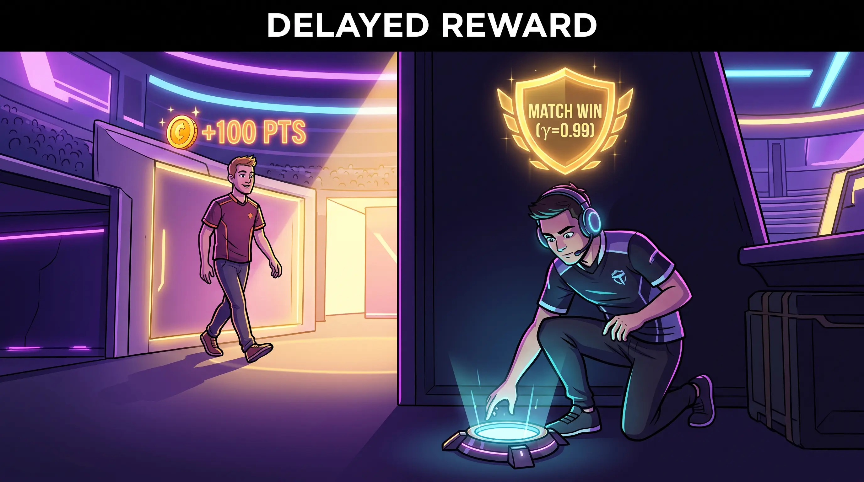 Delayed Gratification: The Greedy Frag vs. The Match Win - How reinforcement learning balances instant gratification with long-term strategy through the mathematical power of the Discount Factor.