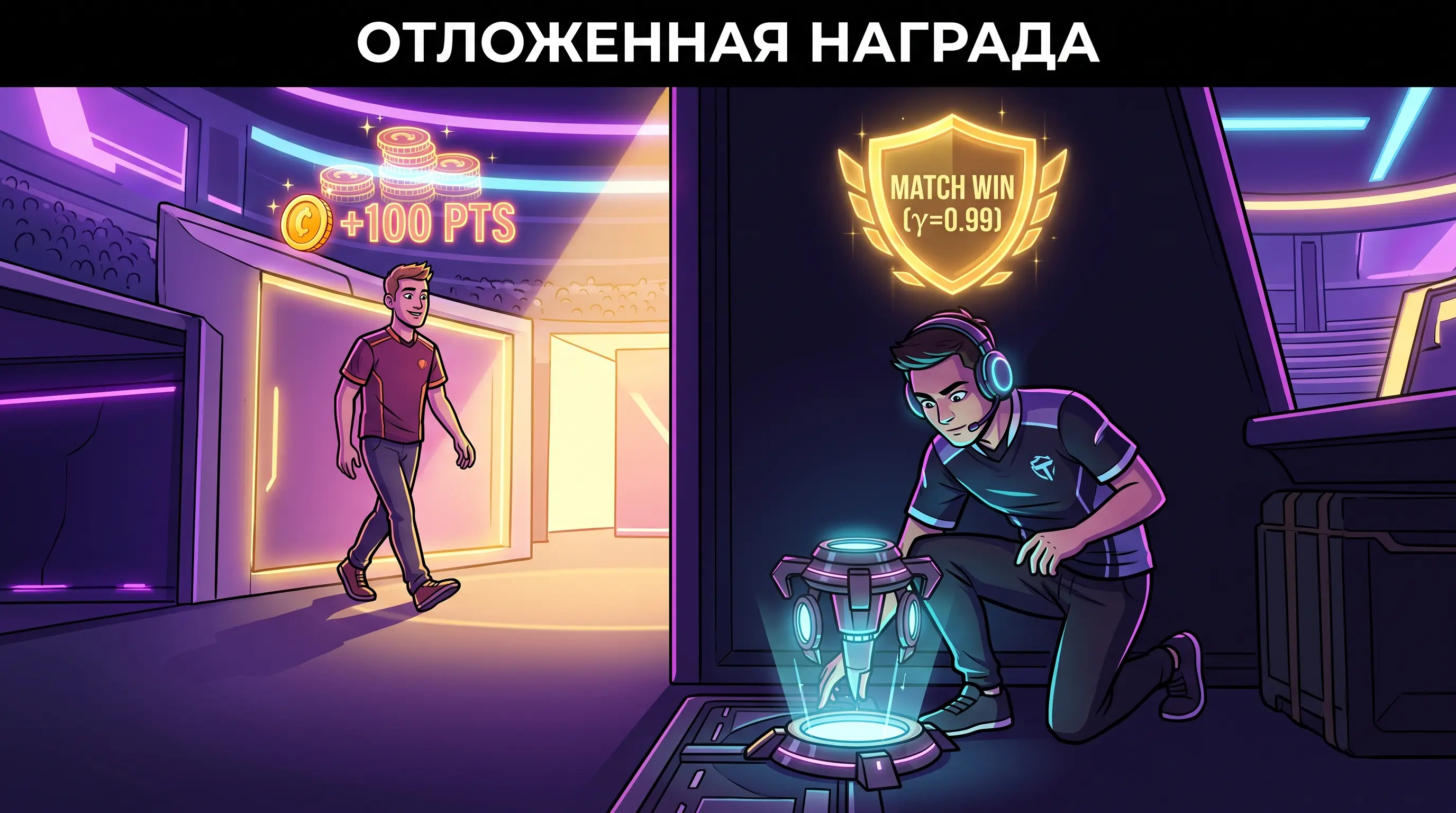 Отложенное вознаграждение: Жадный фраг против победы в матче - Как обучение с подкреплением балансирует сиюминутную выгоду со стратегической победой с помощью фактора дисконтирования.