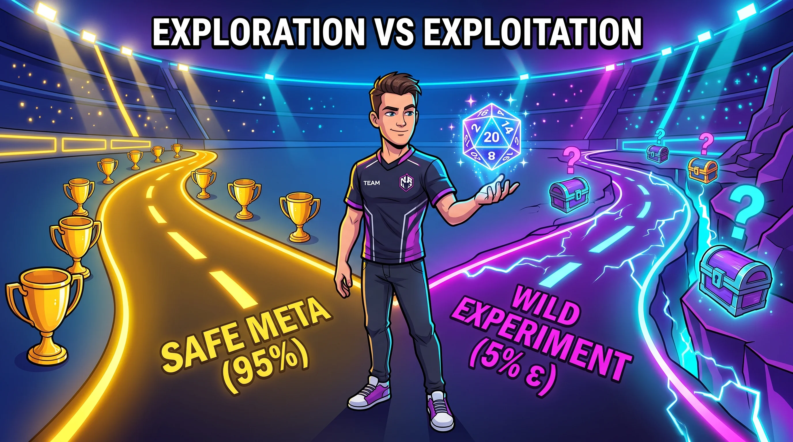 Exploration vs. Exploitation: Why Champions Roll a Twenty-Sided Die - Why sticking only to the winning meta traps reinforcement learning agents, and how epsilon-greedy exploration keeps a budget for chaos.