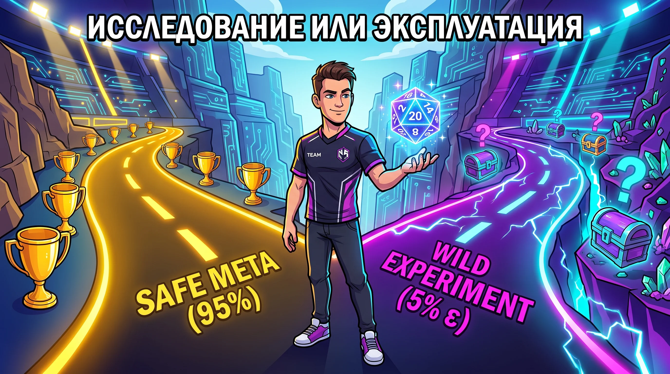 Исследование или эксплуатация: Почему чемпионы бросают кости - Почему ставка только на победную мету заводит ИИ в тупик, и как эпсилон-жадная стратегия сохраняет бюджет на контролируемый хаос.