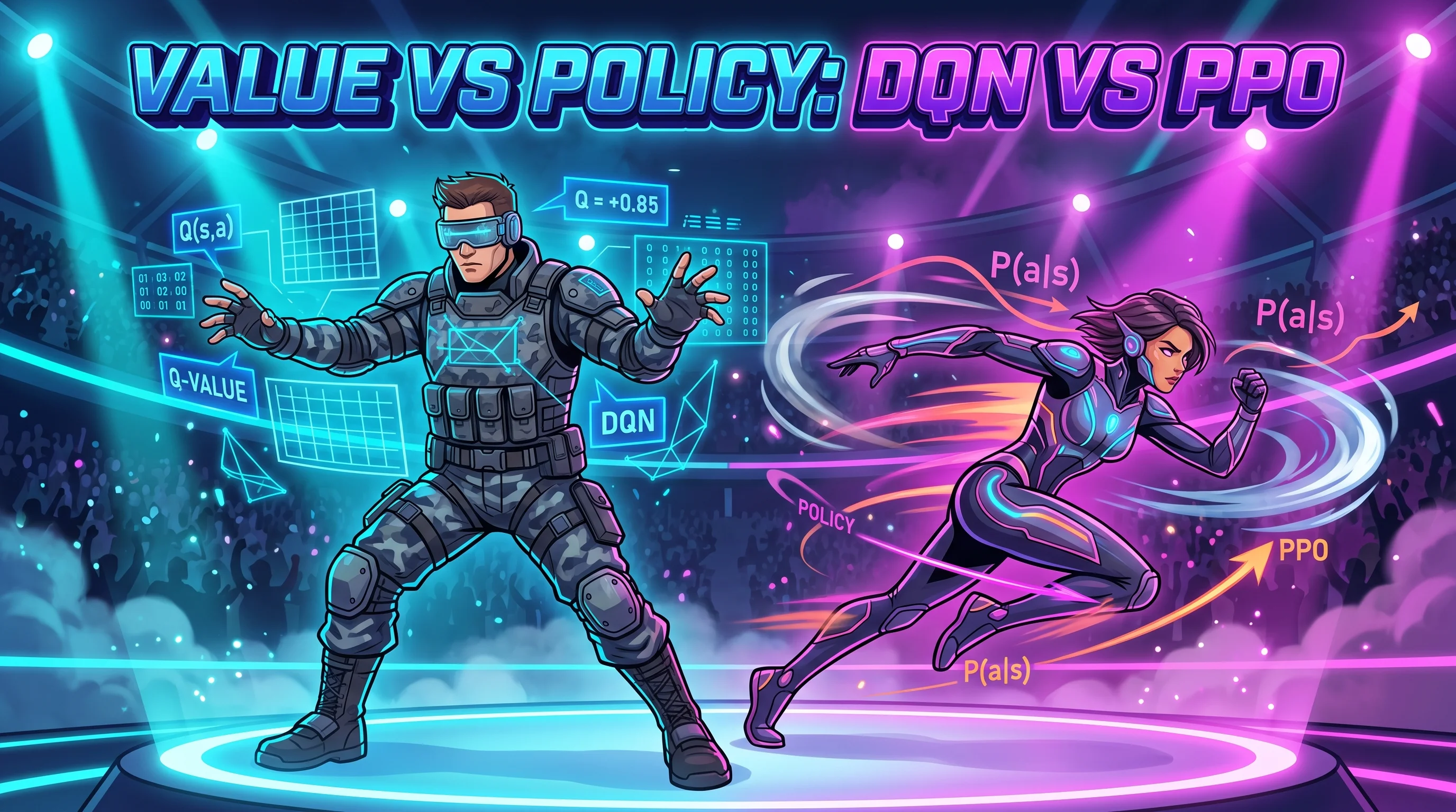 Value vs. Policy: Calculating Numbers vs. Building Muscle Instinct - Why calculating every button score fails in continuous worlds, and how policy gradients and PPO teach artificial intelligence direct muscle instinct.