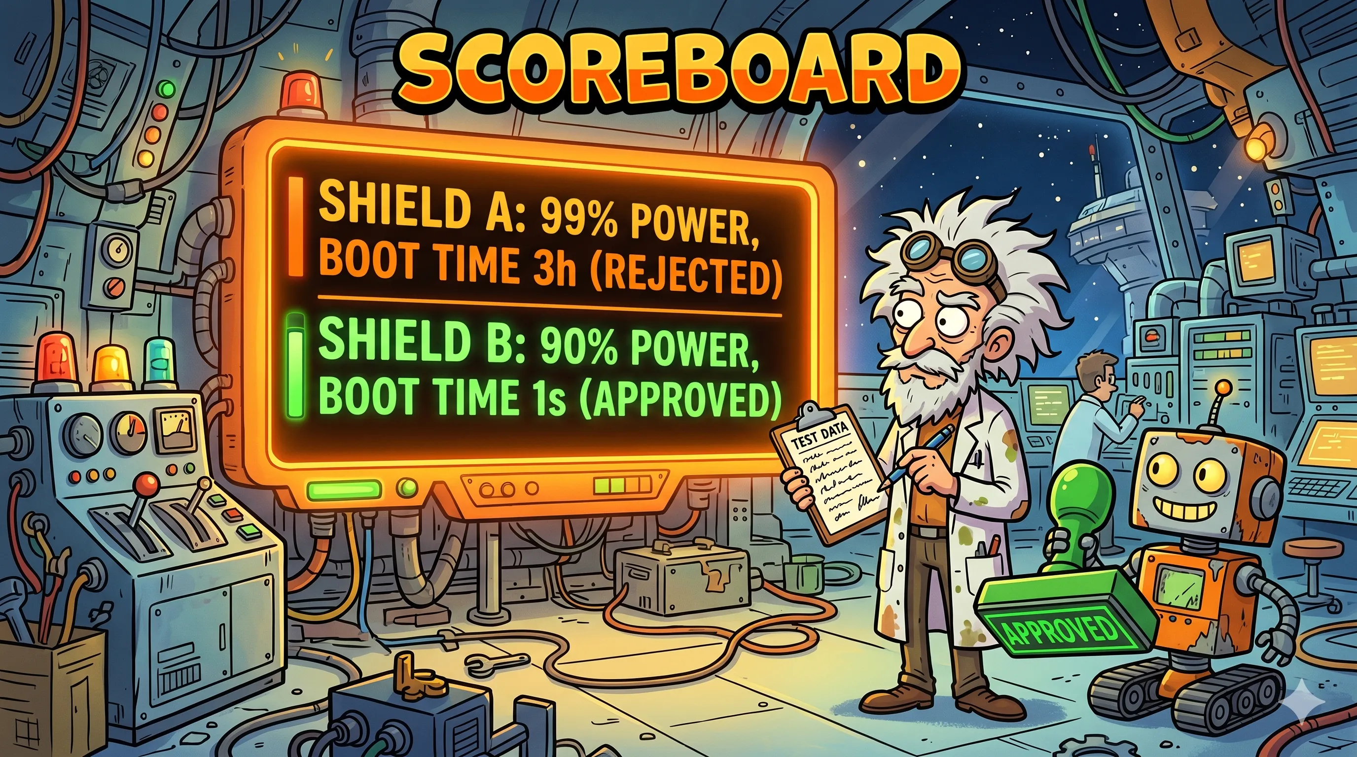 Evaluation: The Universal Scoreboard - Optimizing vs. Satisficing Metrics. How to stop your engineering team from arguing over five different metrics and pick a winner.