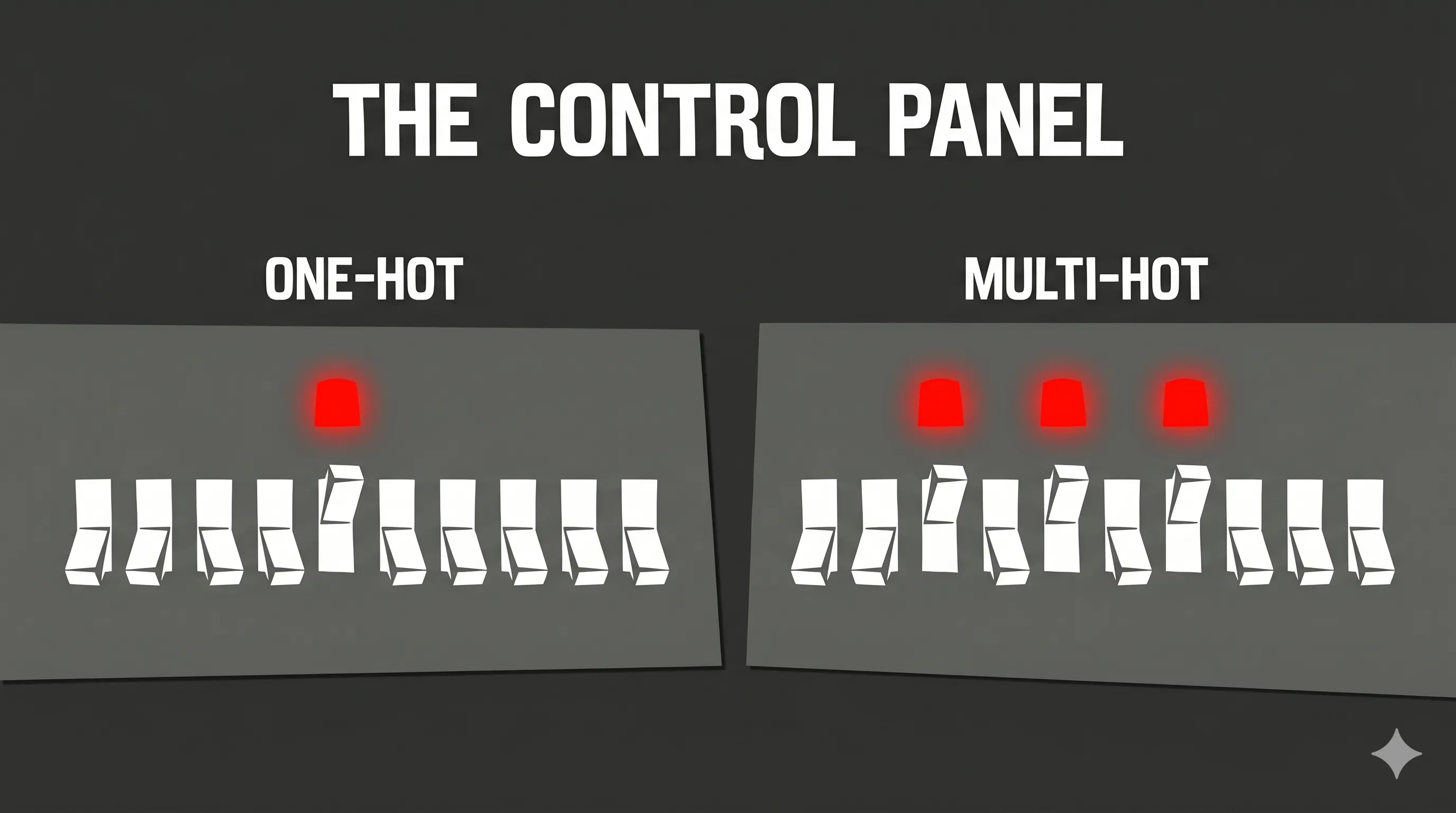 The Control Panel: The Switches of Identity - Understanding One-hot vs Multi-hot Vectors: How we represent categories as rows of switches for the machine.