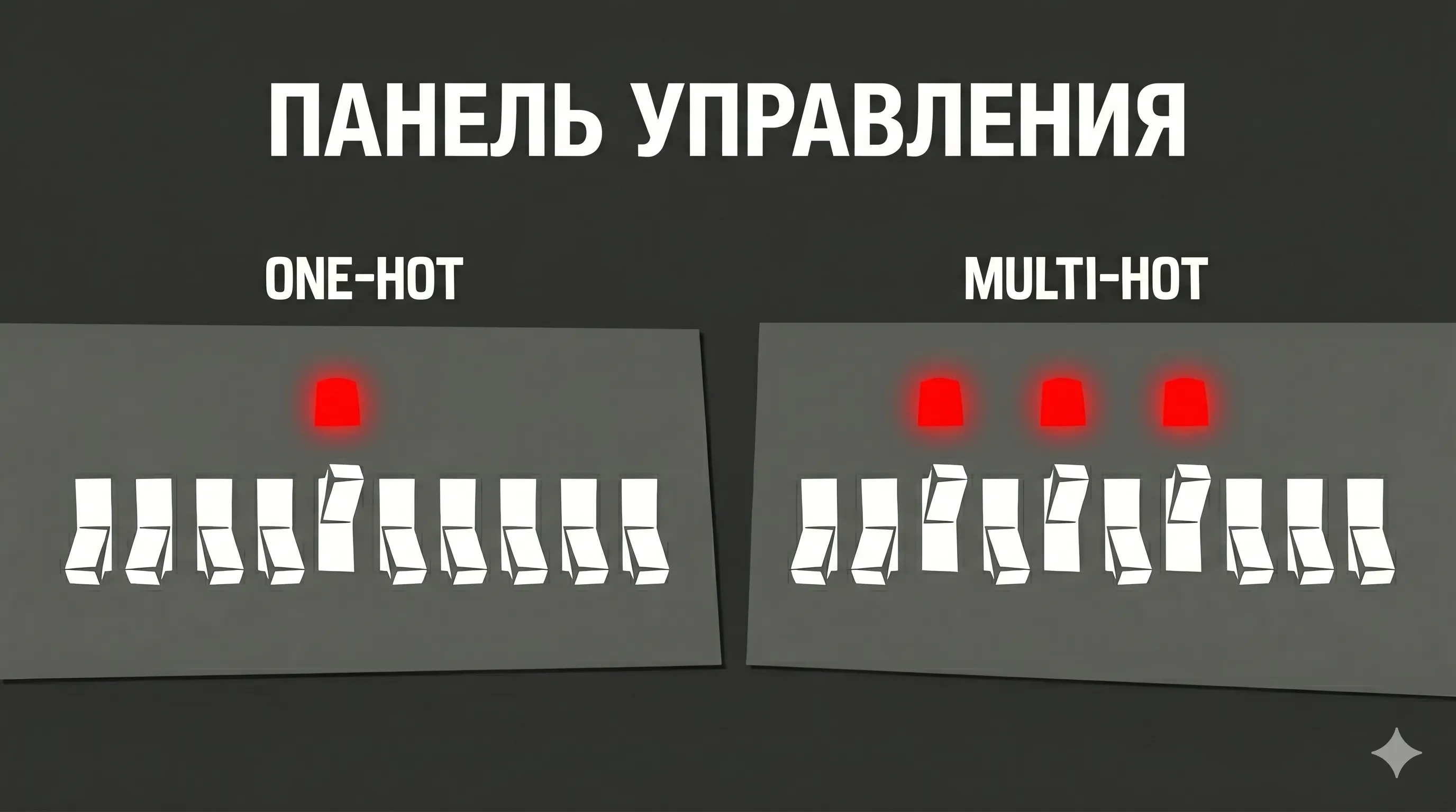 Панель управления: переключатели личности - Понимание One-hot vs Multi-hot векторов: как мы представляем категории в виде рядов переключателей для машины.